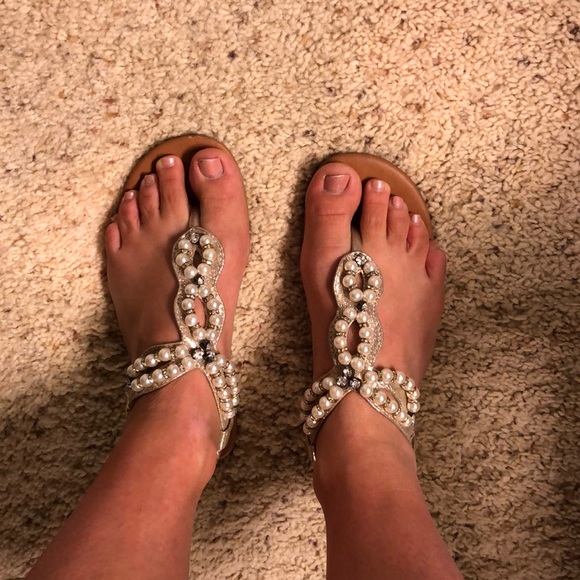 Pearl and Jewel Embellished Flat Gold Sandals - Picture 6 of 6
